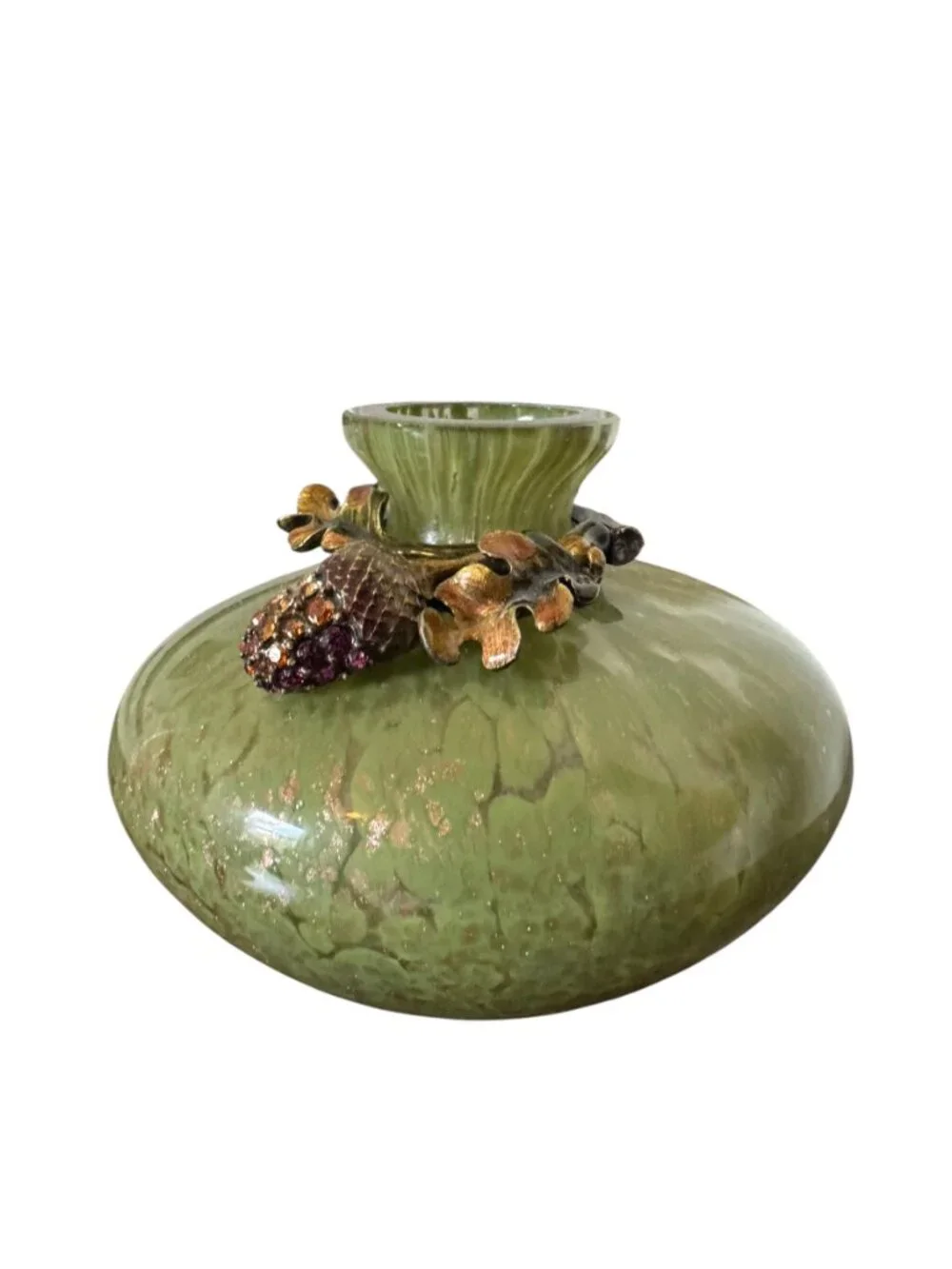 Vintage Jay Strongwater Swarovski Enamel Hand Blown Green/Gold Glass Acorn Vase
